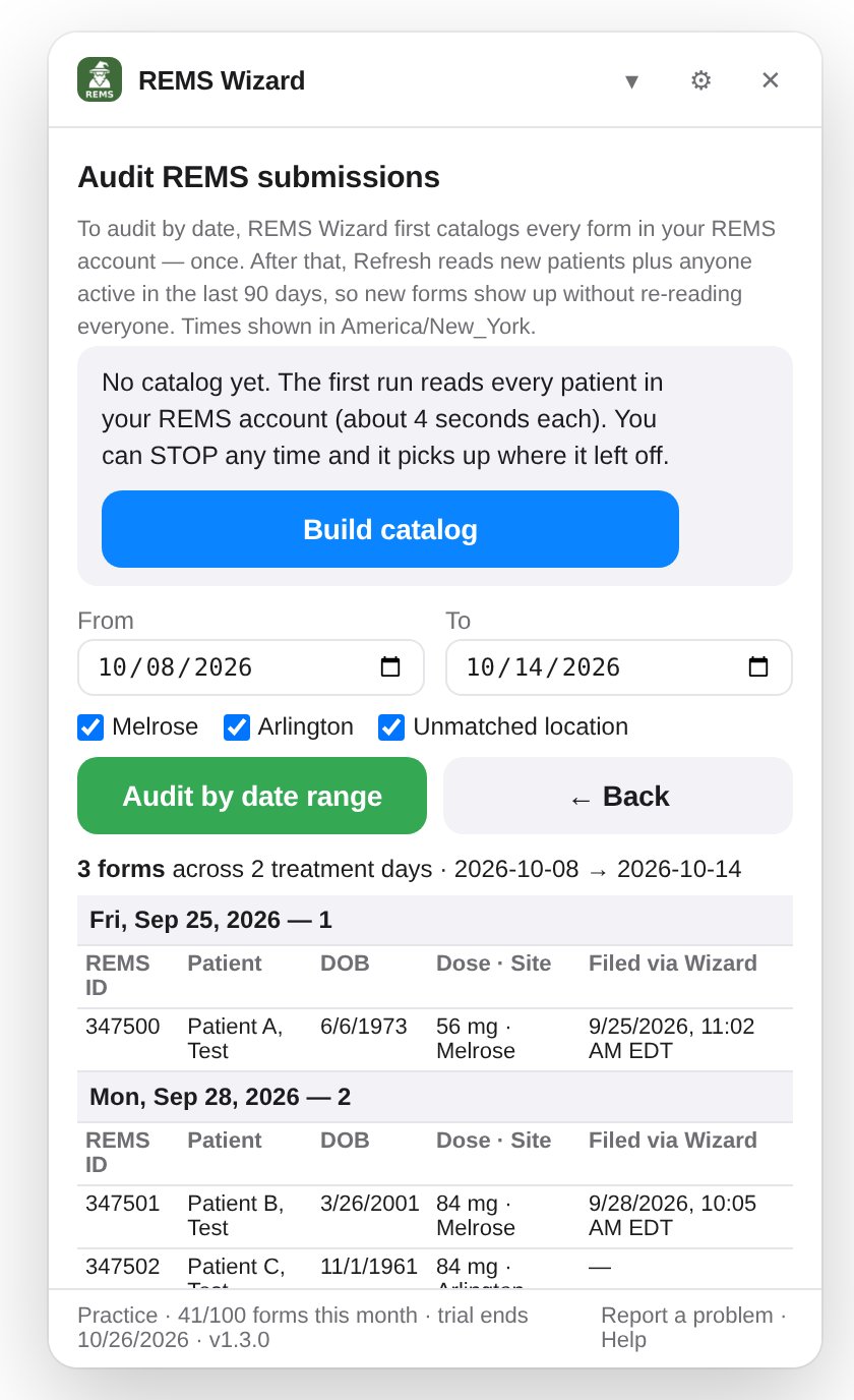 The audit screen with a date range, site filters and forms grouped by day