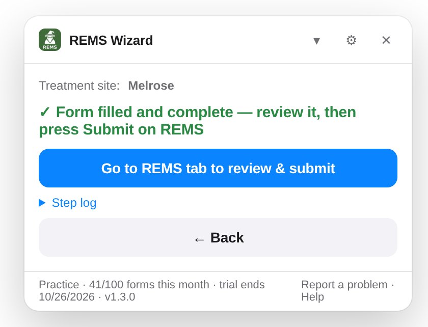 The widget reporting Form filled and complete — review it, then press Submit on REMS