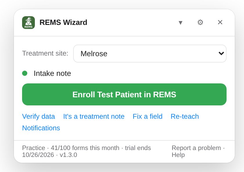 The widget on an intake note with an Enroll Test Patient in REMS button