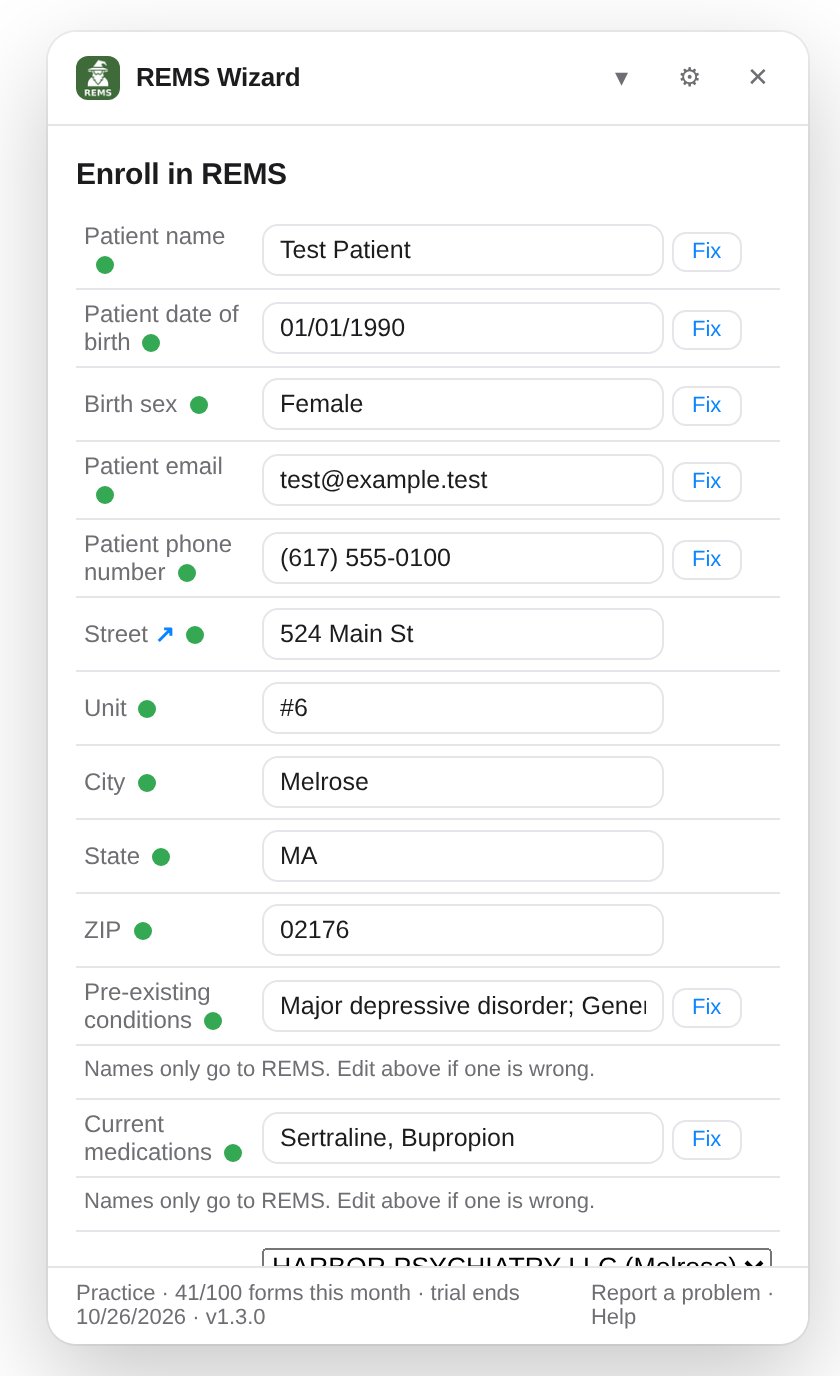 The enrollment review listing patient, address parts, conditions and medications