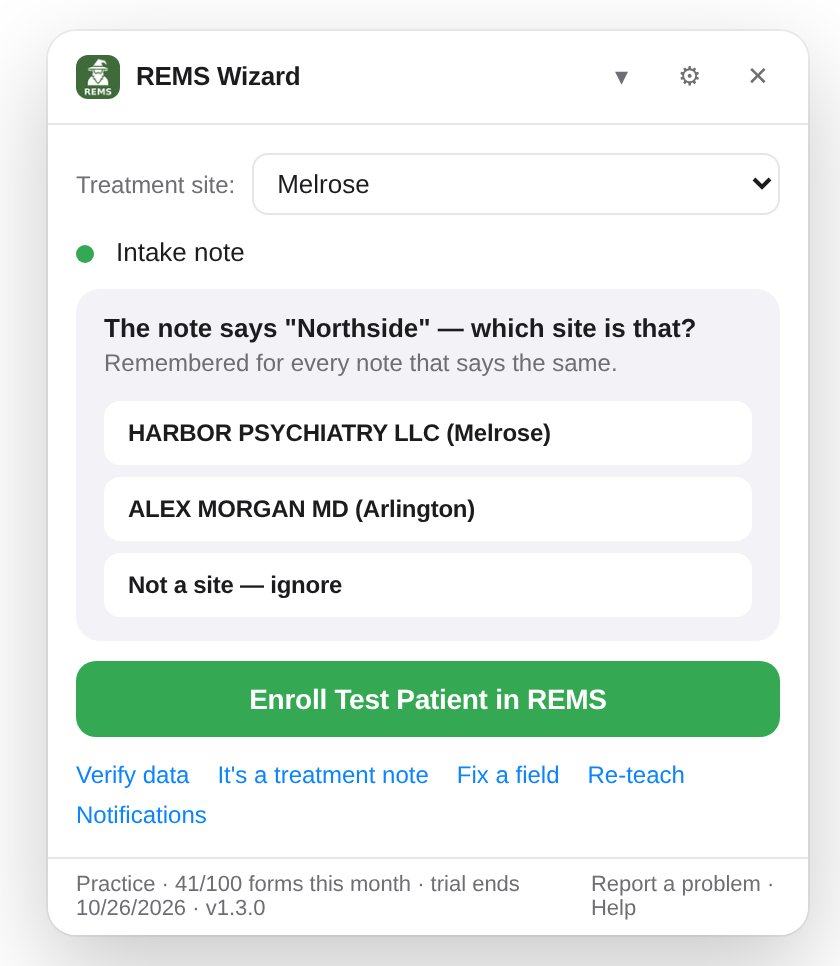 The widget asking which site 'Northside' means, listing the REMS settings