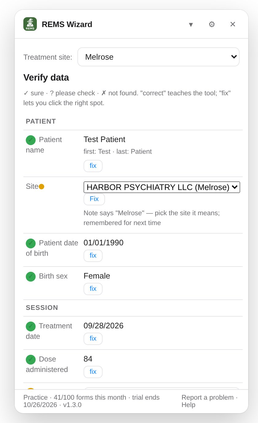 The Verify screen listing each value with a colored dot and fix links